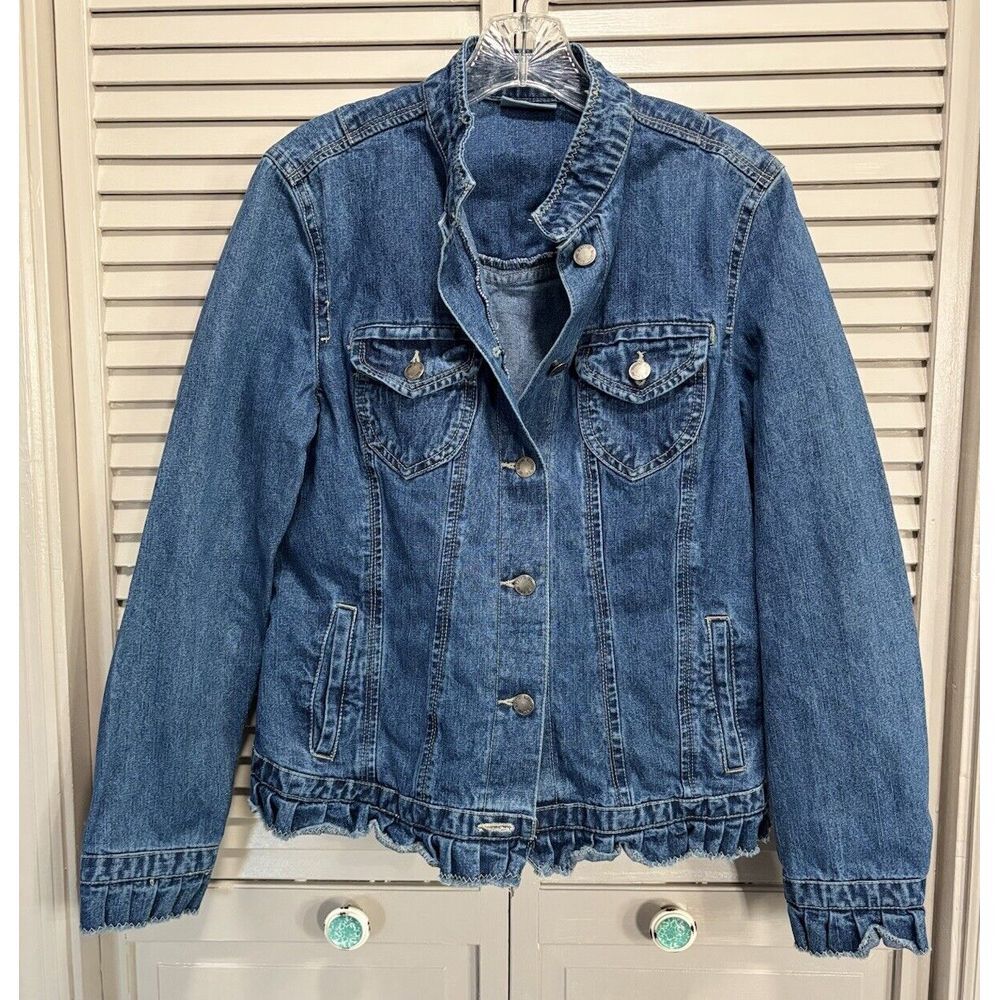 Blassport Med Wash‎ Denim Jacket Size Small Pockets Button Up Collar Ruffle